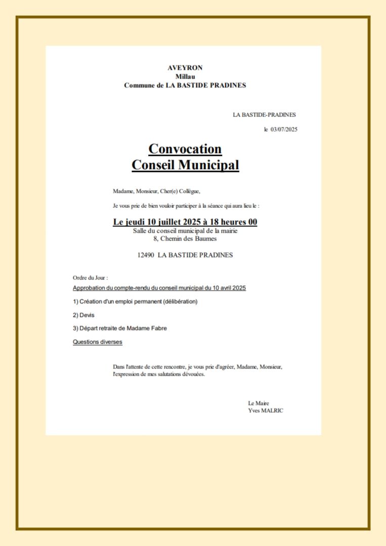 Convocation du Conseil Municipal le 10 juillet 2025 à 18h